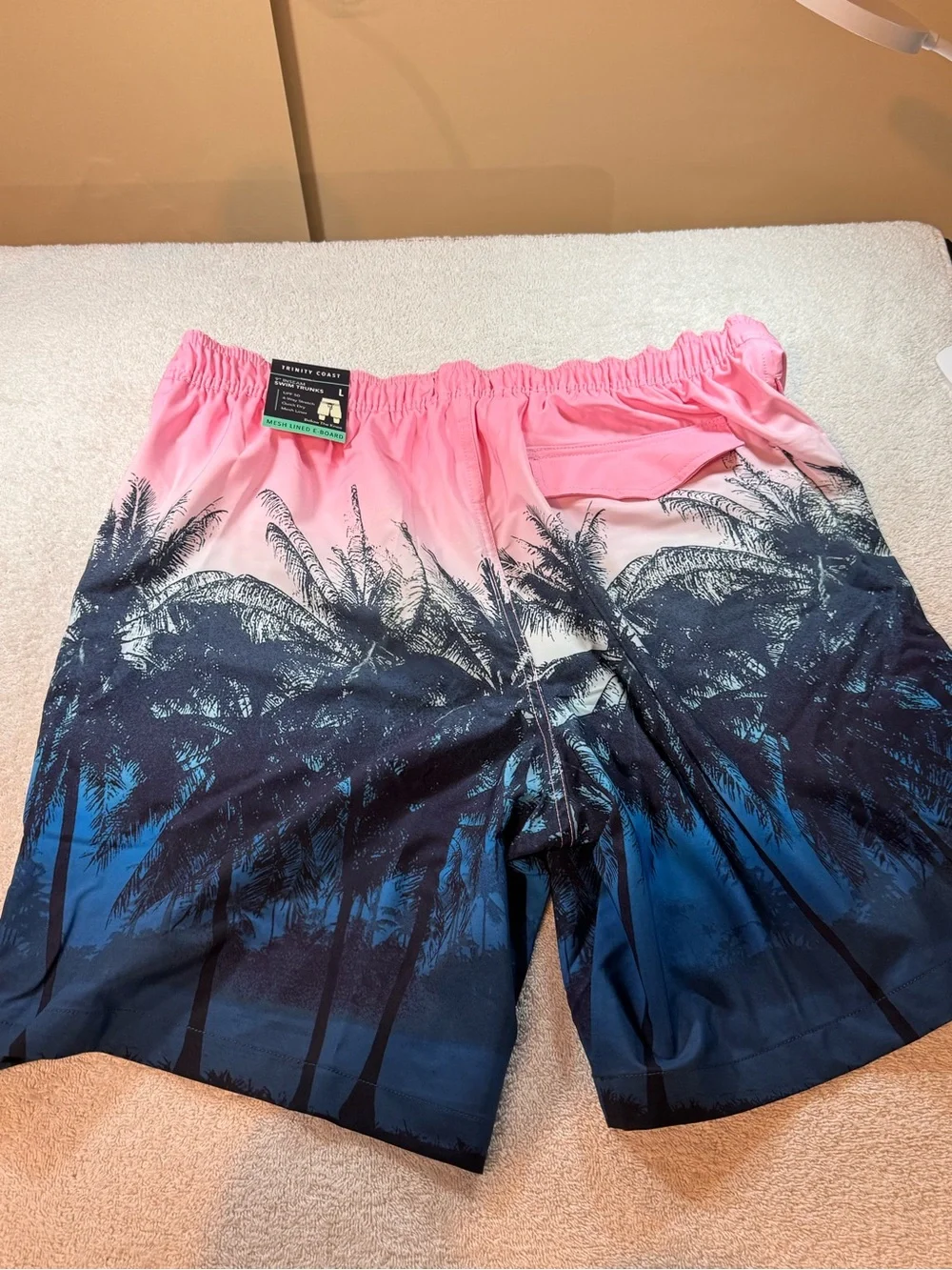 Men's Trinity Coast Pink to Blue Gradient Palm-Print 9” Swim Trunks Size Large